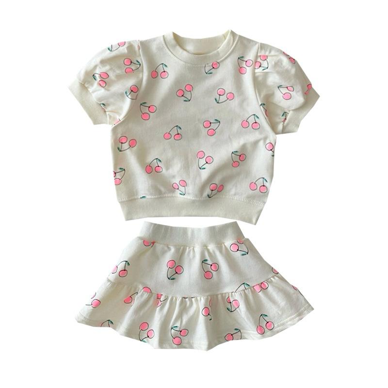 Girls Pink Cherry Top and Skirt Two-Piece Set