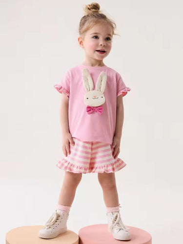 Pink and Off White Short Sleeve Bunny Top and Shorts Set