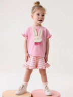 Pink and Off White Short Sleeve Bunny Top and Shorts Set