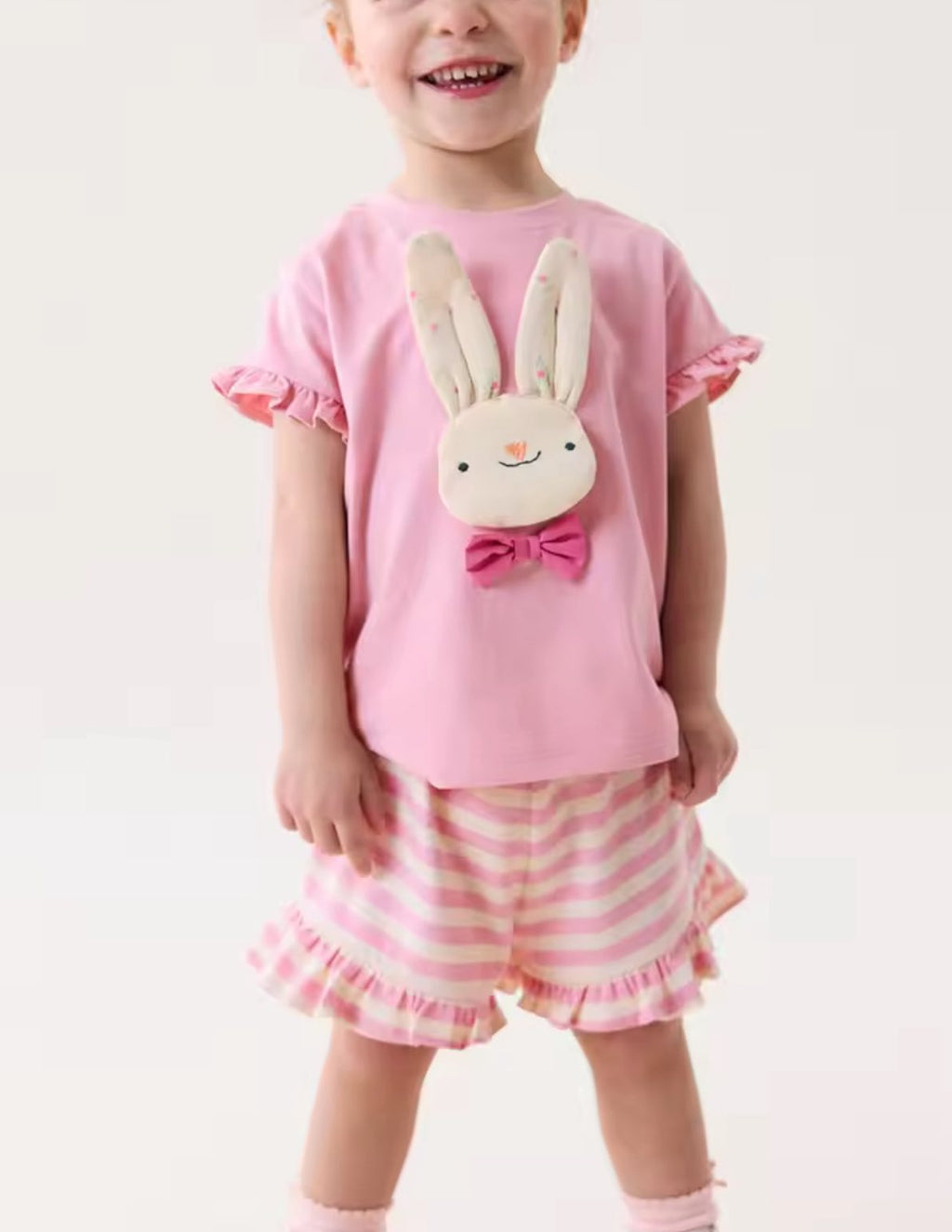 Pink and Off White Short Sleeve Bunny Top and Shorts Set
