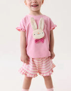 Pink and Off White Short Sleeve Bunny Top and Shorts Set