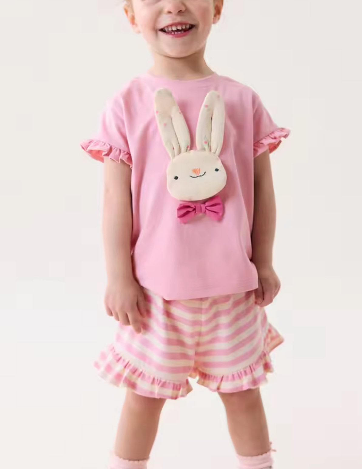 Pink and Off White Short Sleeve Bunny Top and Shorts Set
